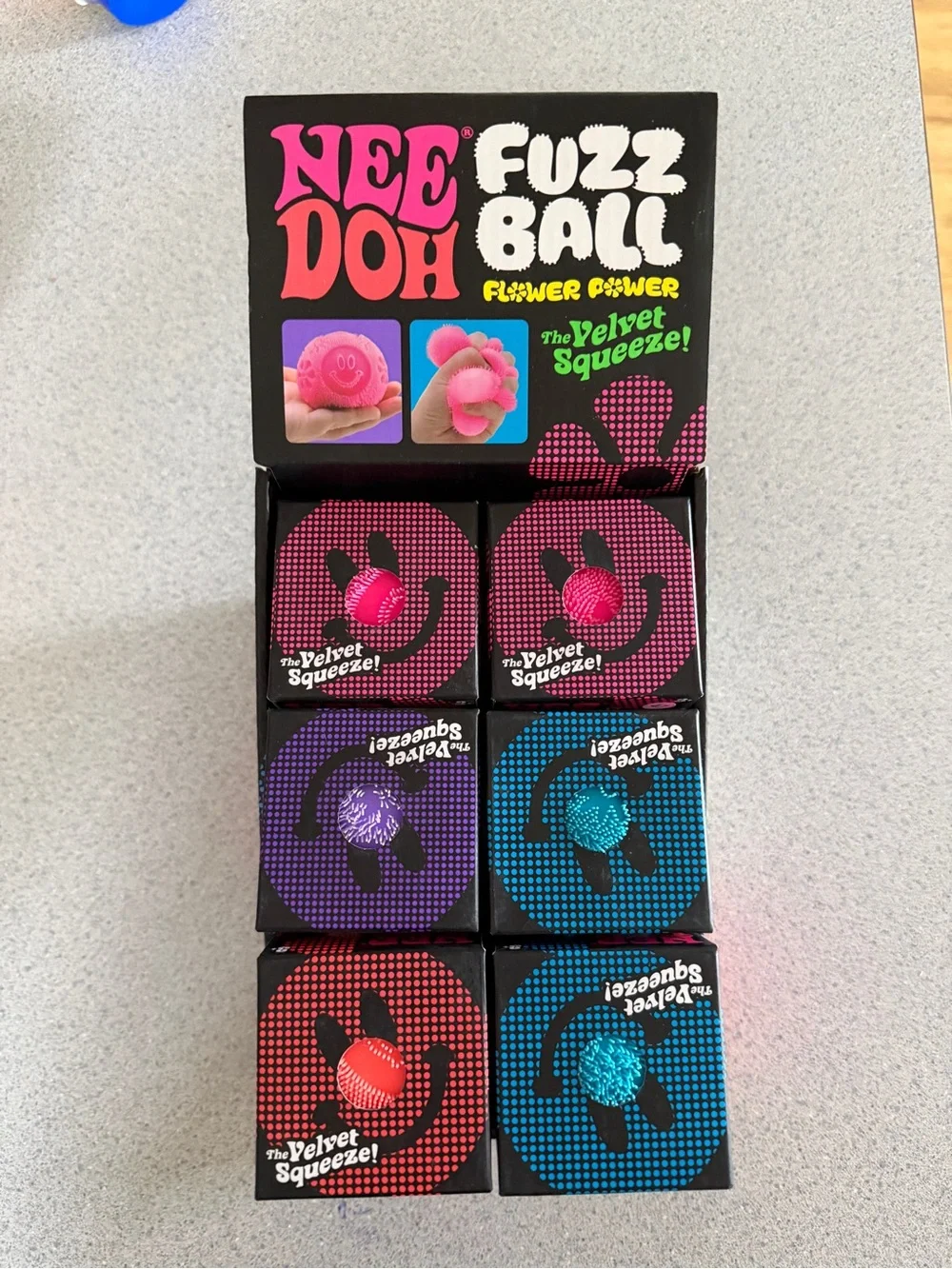 New 12 Schylling NeeDoh Fuzz Ball Flower Power Display Box Green Orange Blue Lot